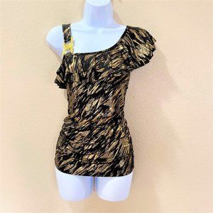 Blue Sketch Asymmetrical One Shoulder Metallic Top